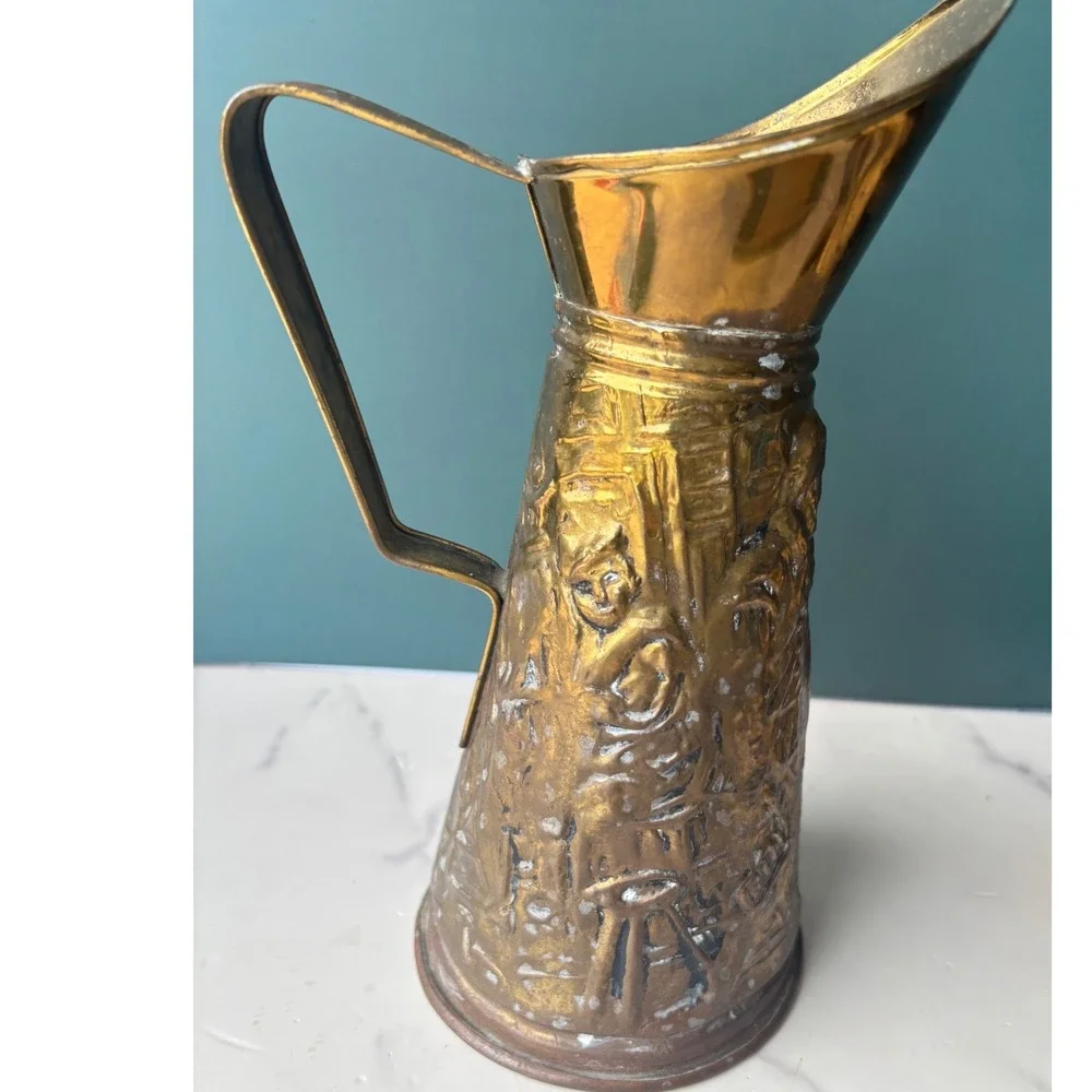 Vintage Embossed Brass Pitcher Repousse Tavern Scene Decorative 10 Inch England